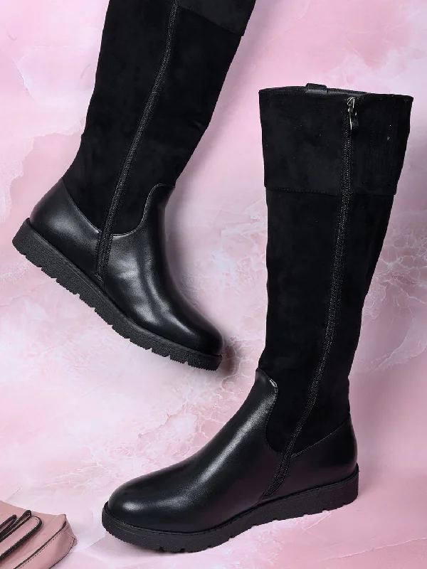 Women Black Solid High-Top Boots