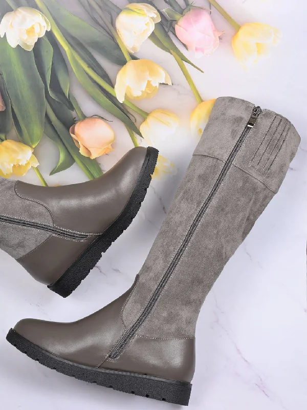 Women Khaki Solid High-Top Boots