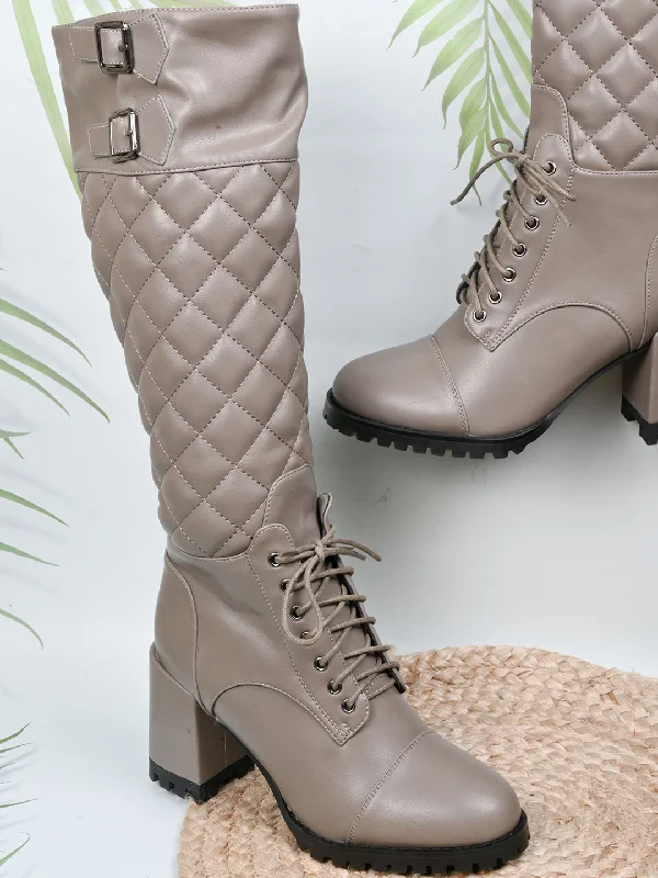 Women Khaki Checked High-Top Boots