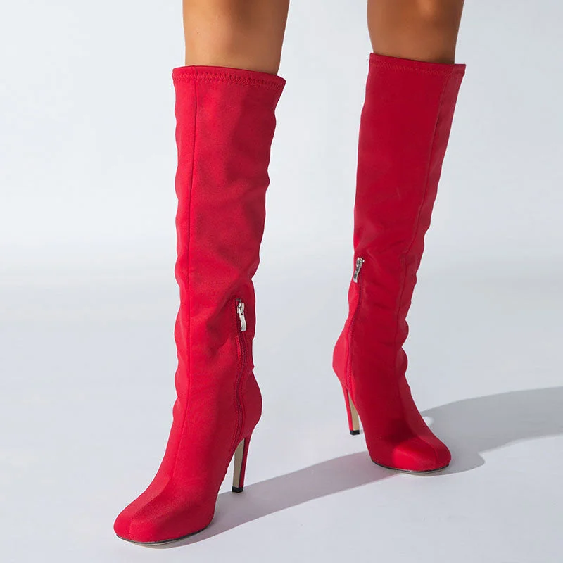 Slouchy Square Toe Side Zipper Stiletto Heel Knee High Boots - Red