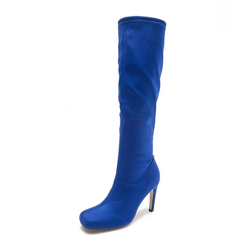 Slouchy Square Toe Side Zipper Stiletto Heel Knee High Boots - Royal Blue