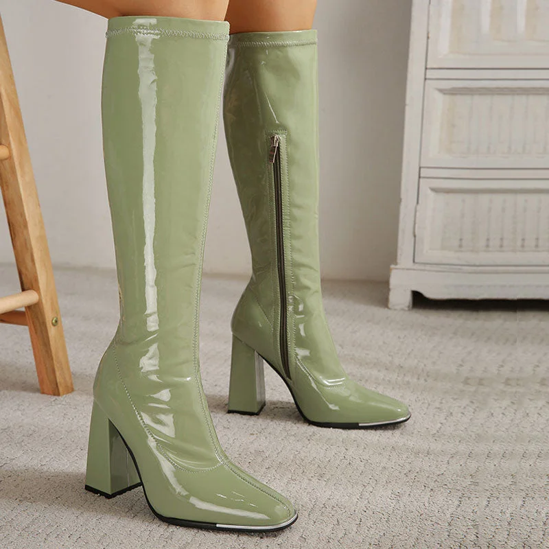 Striking Square Toe Patent Leather Block Heel Knee High Boots - Olive Green