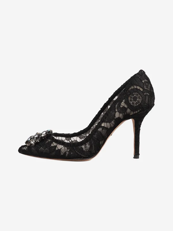 Black bejewelled lace pumps - size EU 36