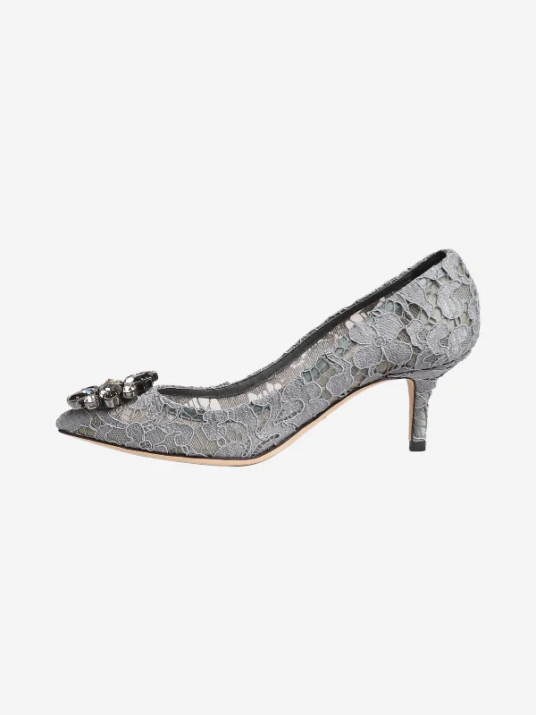 Grey bejewelled lace pumps - size EU 35.5