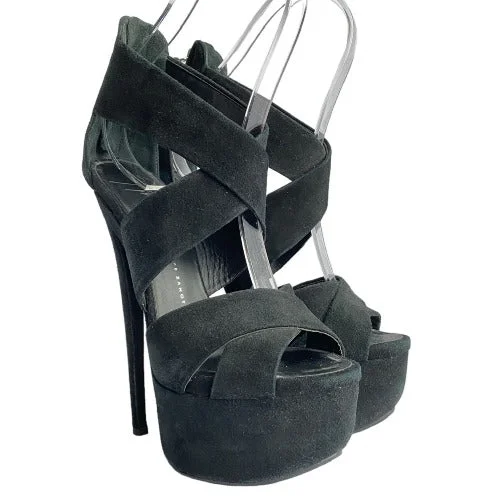 GIUSEPPE ZANOTTI Black Suede Strappy Ultra High Platform Heel Sandals, Size 36.5