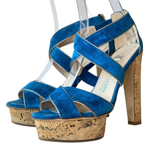 LE SILLA Blue Suede Criss Cross Strappy Cork Platform Heel Sandals, Size 38