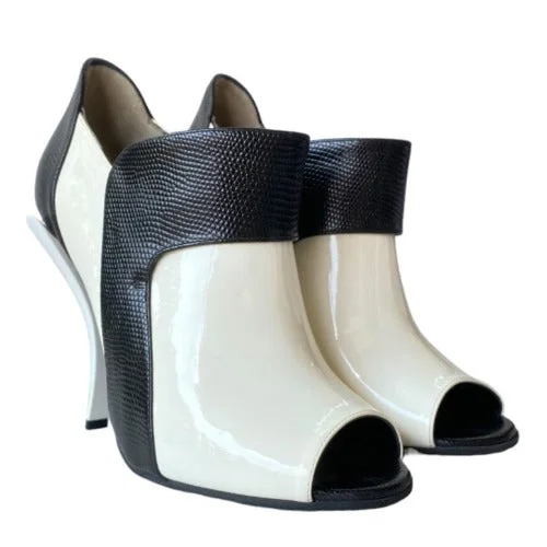 NEW FENDI White Patent Leather, Black Lizard Embossed Peep Toe Bootie, Size 38