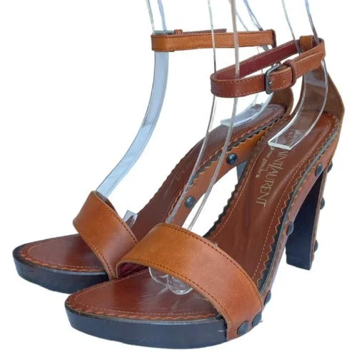 NEW YVES SAINT LAURENT Brown Leather, Studded, Ankle Strap Wooden Sandal Size 37