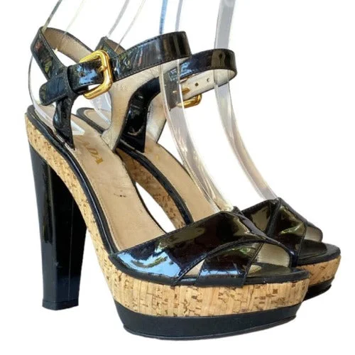 PRADA Black Patent Leather, Crisscross & Ankle Strap Cork Platform Sandals, 36.5