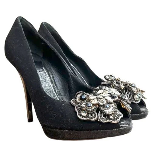 RENE CAOVILLA Black Fabric Silver Rhinestone Peep Toe Platform Pumps, Size 36.5