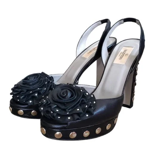 VALENTINO Black Leather Rose Buckle Studded Slingback Platform Sandals Size 38.5