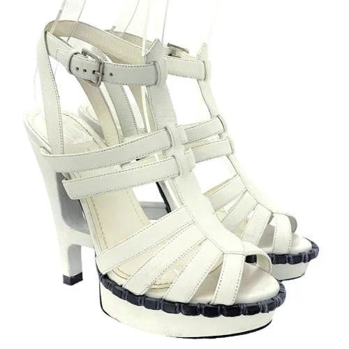 YVES Saint Laurent White Leather Strappy T Strap Heel Sandals, 36.5