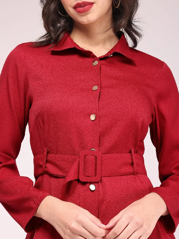 Button Down Shirt Dress - Red