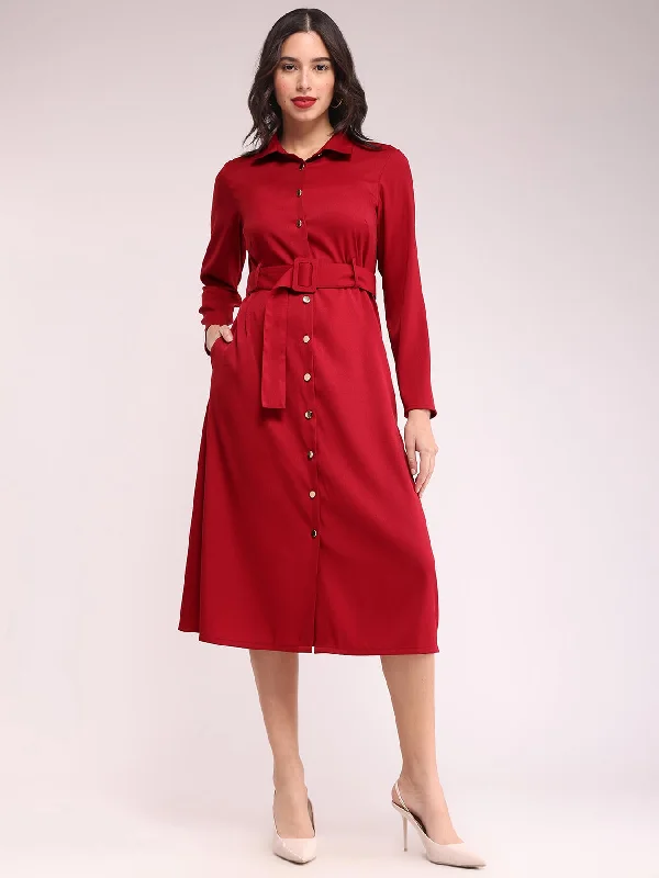 Button Down Shirt Dress - Red