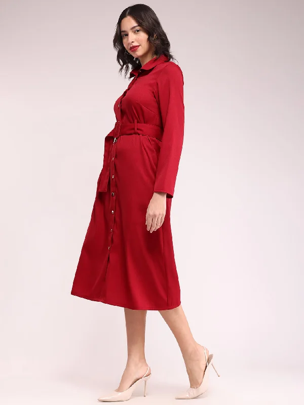 Button Down Shirt Dress - Red