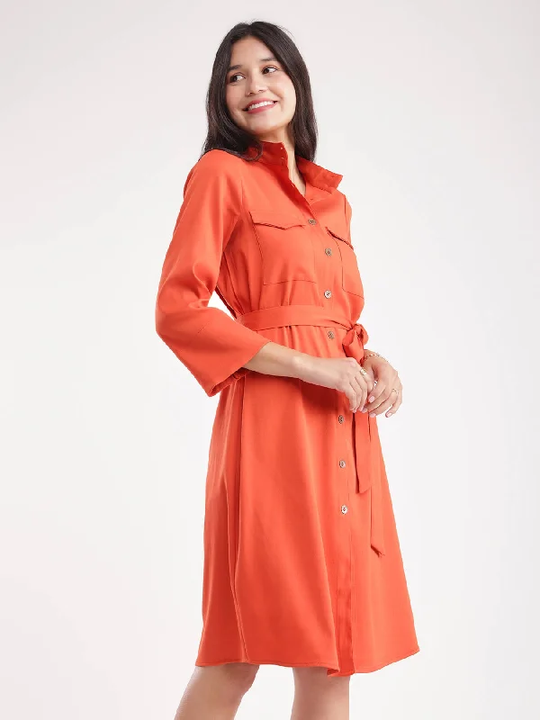 Button Down Shirt Dress - Rust