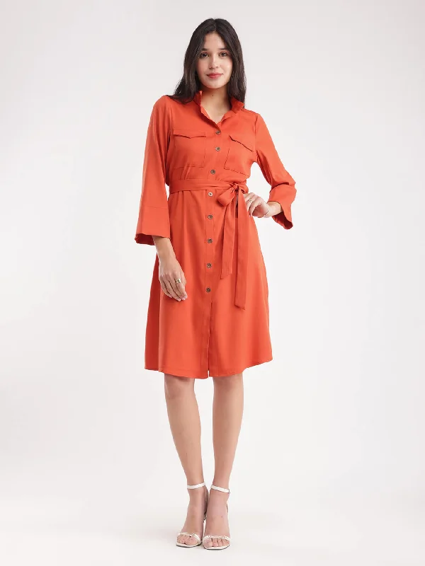 Button Down Shirt Dress - Rust