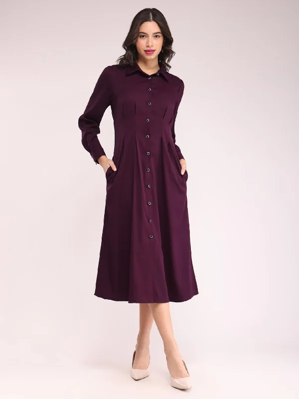 Button Down Shirt Dress - Wine