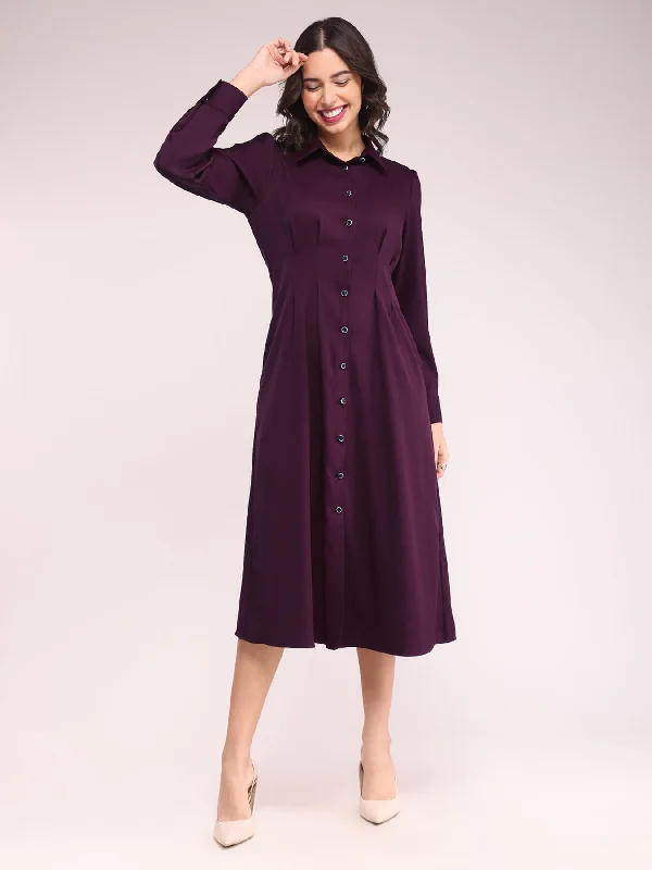 Button Down Shirt Dress - Wine