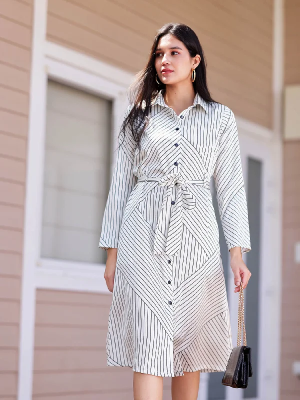 Button Down Shirt Dress - Ecru And Black