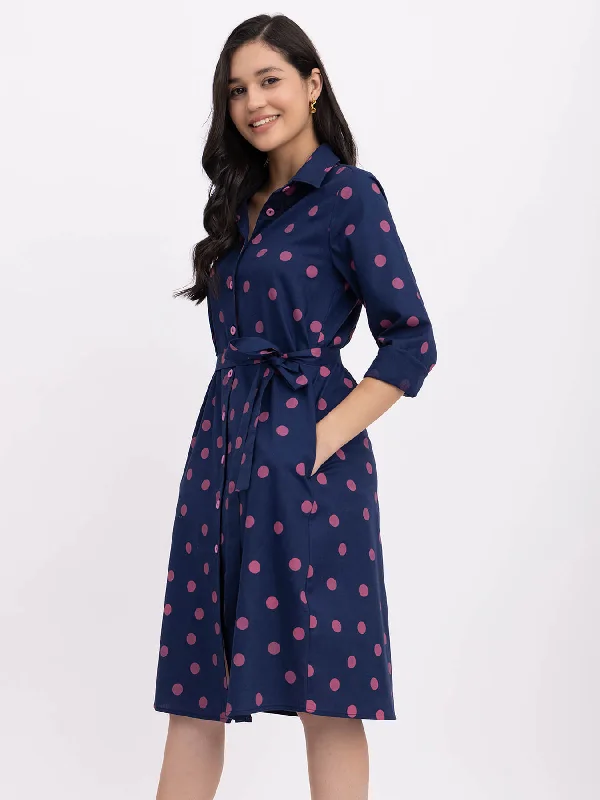 Cotton Polka Shirt Dress - Navy Blue And Pink