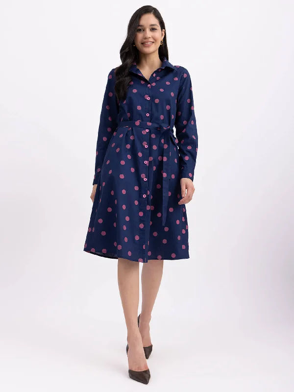 Cotton Polka Shirt Dress - Navy Blue And Pink