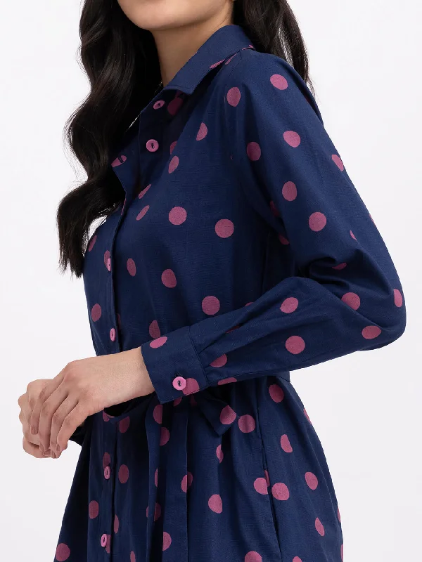 Cotton Polka Shirt Dress - Navy Blue And Pink