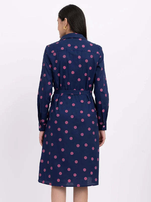 Cotton Polka Shirt Dress - Navy Blue And Pink