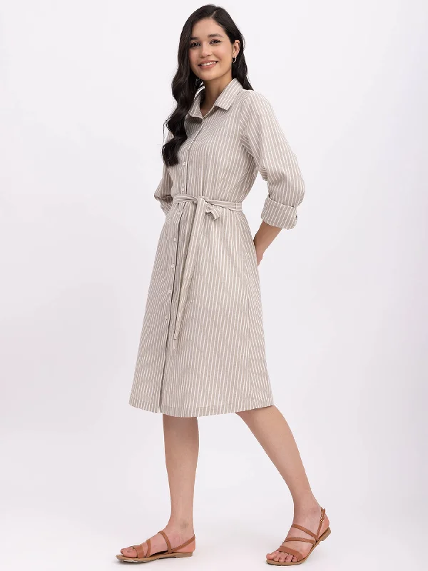 Cotton Striped Shirt Dress - Beige