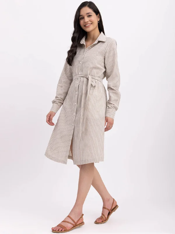 Cotton Striped Shirt Dress - Beige