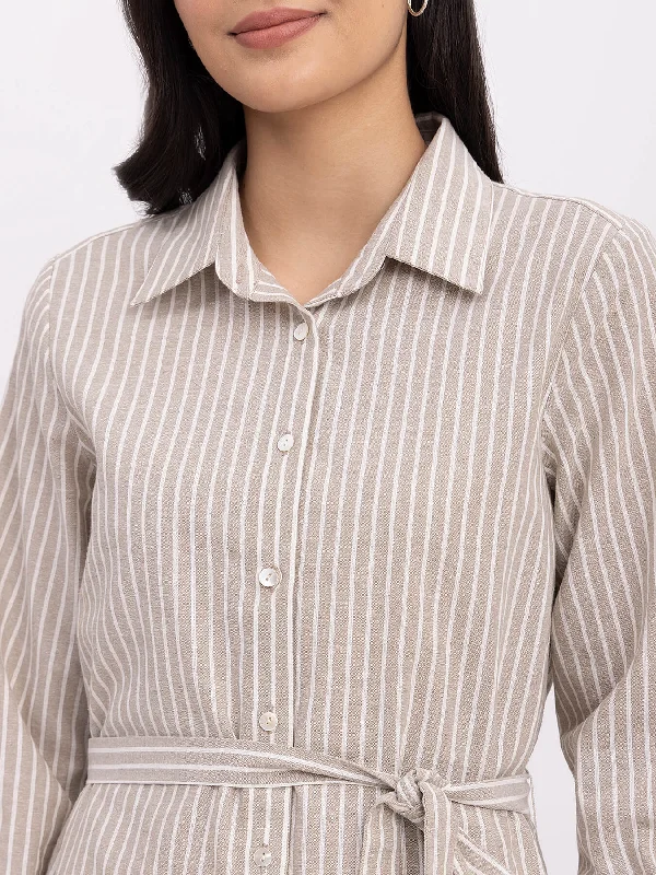 Cotton Striped Shirt Dress - Beige