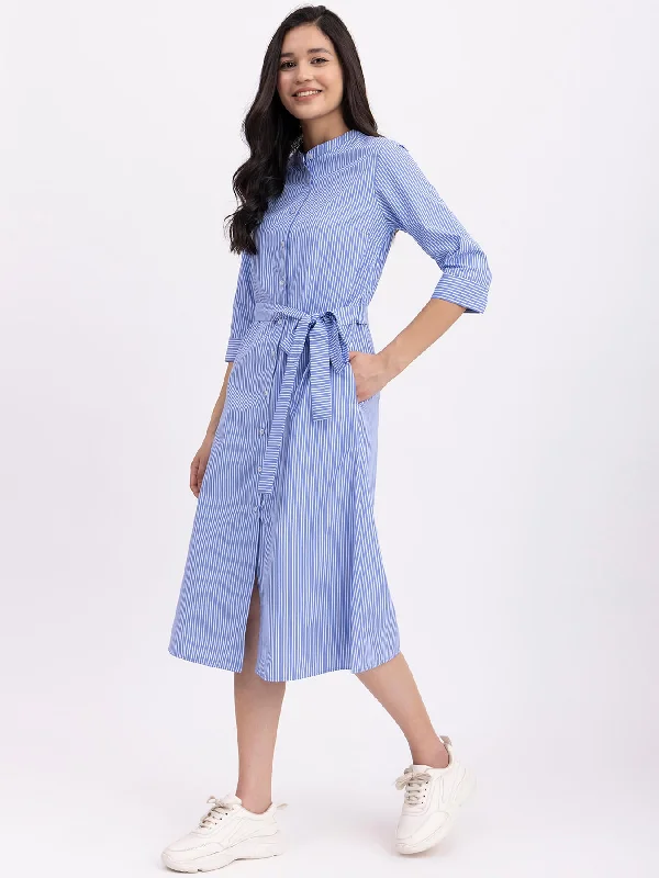 Cotton Striped Shirt Dress - Blue And White