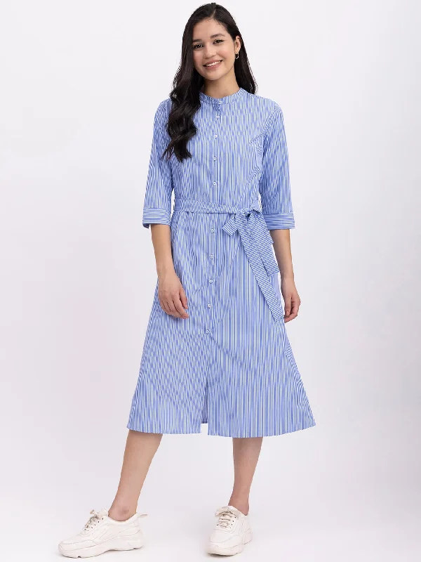 Cotton Striped Shirt Dress - Blue And White