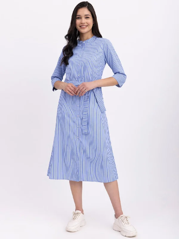 Cotton Striped Shirt Dress - Blue And White