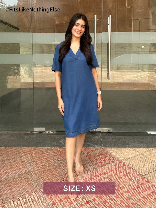 Denim V-Neck Shift Dress - Navy Blue