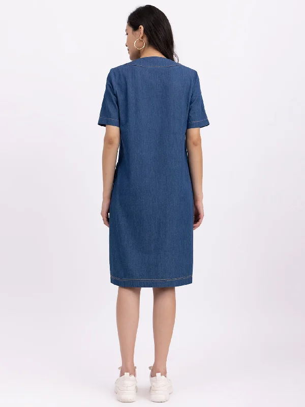 Denim V-Neck Shift Dress - Navy Blue