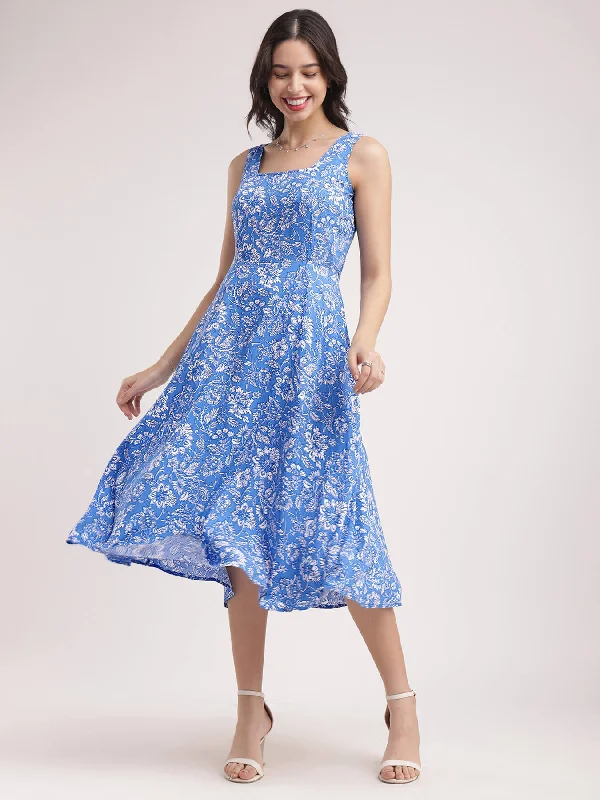 Fit And Flare Floral Dress - Blue And White