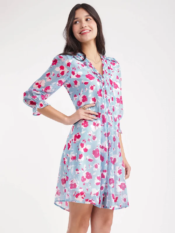 Floral A-line Dress - Blue