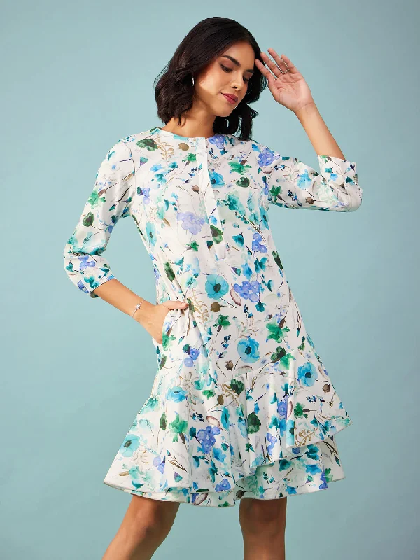 Floral A-line Dress - Blue