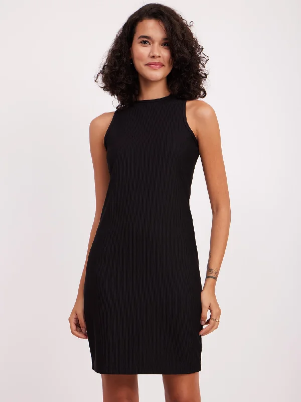 Halter Neck Rib Knit Dress - Black