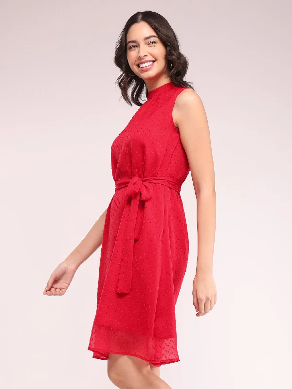 High Neck A-line Dress - Red