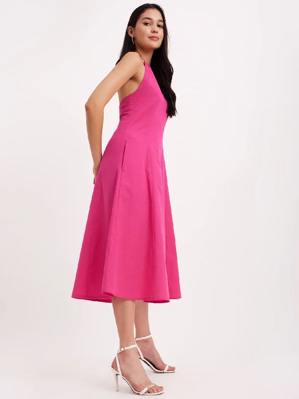 Linen Princess Line Dress - Fuchsia