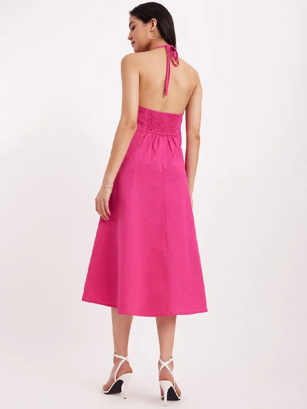 Linen Princess Line Dress - Fuchsia