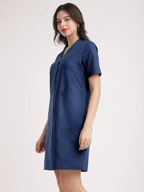 Linen Shift Dress - Navy Blue