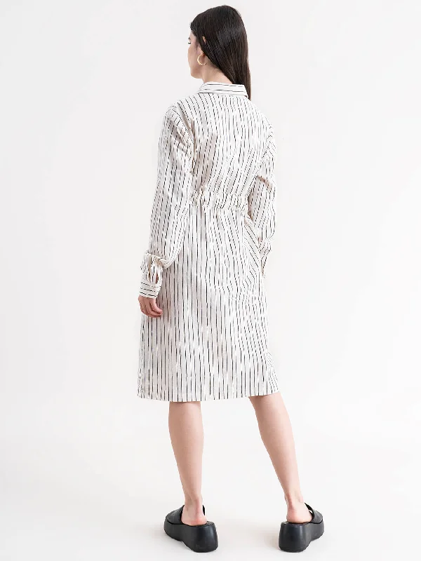 Linen Striped Shirt Dress - White