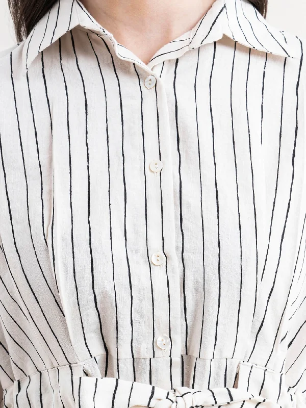 Linen Striped Shirt Dress - White