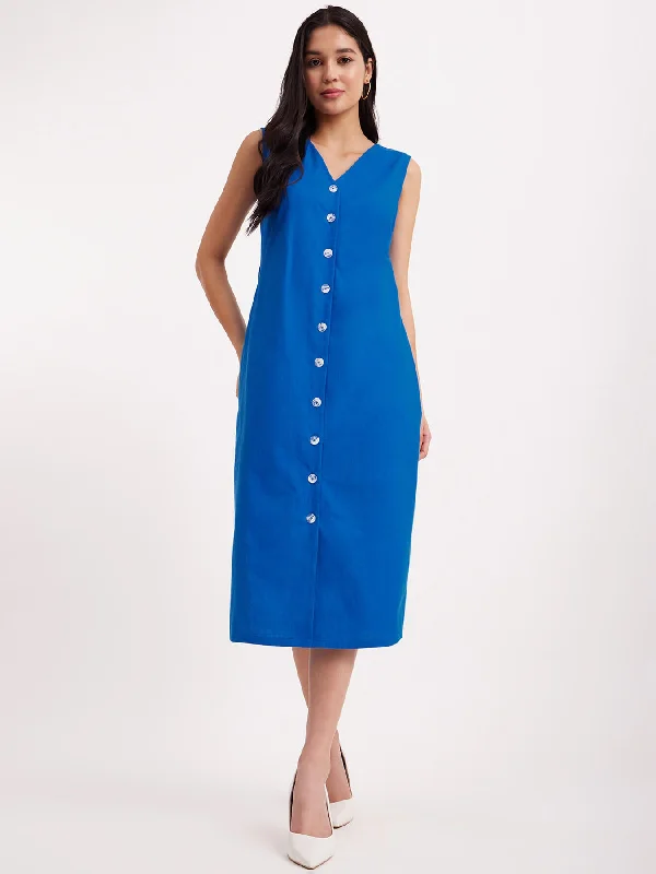 Linen V-Neck Shirt Dress - Blue