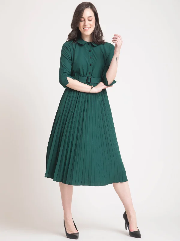 Peter Pan Collar Pleated A Line Dress - Green