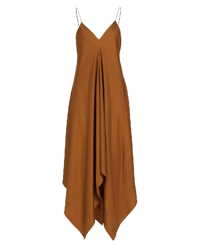 Tan Silk Strap Dress with Wider Hem