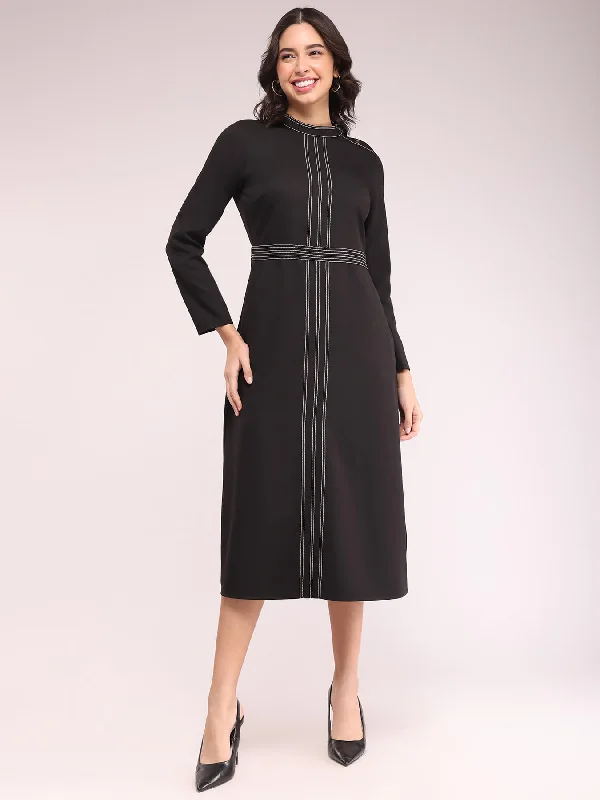 Round Neck Contrast Stitch Dress - Black